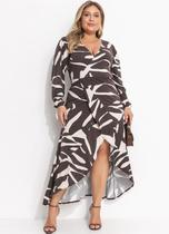 Vestido Longo Plus Size Estampado Transpassado Manga Longa