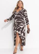 Vestido Longo Plus Size Estampado Transpassado Manga Longa