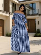 Vestido Longo Plus Size Feminino Xadrez Ombro a Ombro Manga Longa Casual Festa Junina