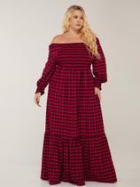 Vestido Longo Plus Size Feminino Xadrez Ombro a Ombro Manga Longa Casual Festa Junina Vestido Longo Plus Size Feminino Xadrez Ombro a Ombro Manga Longa Casual Festa Junina
