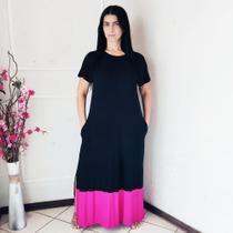 Vestido Longo Plus Size Malha Manga Curta Viscolycra Duas Cores com Bolso Preto com Pink Vestido Longo Plus Size Malha Manga Curta Viscolycra Duas Cores com Bolso Preto com Pink