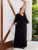 Vestido Longo Plus Size Manga Longa Lastex na Cintura Vestido Longo Plus Size Manga Longa Lastex na Cintura