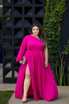 Vestido Longo Plus Size Manga Única Longa Com Fenda Lateral Casamento Convidada Festa