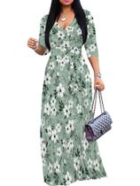 Vestido longo plus size mollyer gola V cruzada floral verde-sálvia 3XL