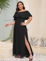 Vestido Longo Plus Size preto com fenda moda plus longo ajustável ao corpo