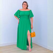 Vestido Longo Plus Size Viscolinho Ombro A Ombro Com Fenda Festa Madrinha Elegante