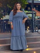 Vestido Longo Plus Size Xadrez Ombro a Ombro Manga Inverno Moda Country Festa Junina