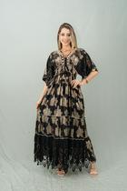 Vestido Longo Premium Bordado com Manga Média Preto 5070