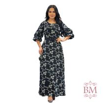 Vestido Longo, Preto, Crepe Bordado, Mangas Dupla Balone, Zíper Costas, Cinto Forrado, Collucci BM1271 Tamanho:P Vestido Longo, Preto, Crepe Bordado, Mangas Dupla Balone, Zíper Costas, Cinto Forrado, Collucci BM1271 Tamanho:P