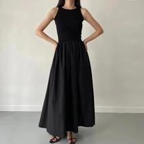 Vestido Longo Preto Elegante Sem Mangas Para O Verão Feminino, Cintura Alta, Gola Redonda, Moda Com Vestido Longo Preto Elegante Sem Mangas Para O Verão Feminino, Cintura Alta, Gola Redonda, Moda Com
