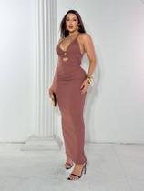 Vestido Longo Preto Justo Feminino com Recortes e Decote Profundo Alças Finas, Sexy e Elegante para