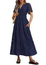 Vestido longo PRETTYGARDEN 2025, verão, decote em V, ilhó, azul marinho M Vestido longo PRETTYGARDEN 2025, verão, decote em V, ilhó, azul marinho M