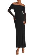 Vestido longo PRETTYGARDEN Off Shoulder Mesh, manga comprida, preto
