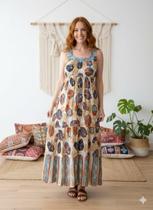 Vestido Longo Regata Indiano Viscose Estampado Folhas Cor:BegeTamanho:GG