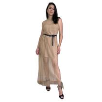 Vestido Longo Reto Em Tule Plissado Marrom Dzarm