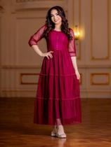 Vestido Longo Rodado Tule Elegante Festa Manga 3/4