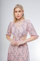 Vestido Longo Rosa Elegante Estampa Floral Moda Feminina Abertura Lateral Gola V Manga 3/4 Casual