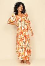 Vestido Longo Sant Manga Bufante Estampa Hibiscos Laranja