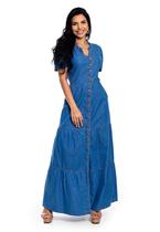 Vestido Longo Sarja Jeans Gola V com Mangas