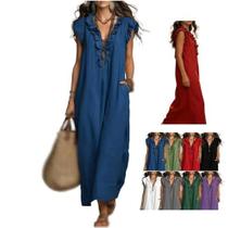Vestido longo sem mangas com babados, decote em V, algodão e linho, azul Vestido longo sem mangas com babados, decote em V, algodão e linho, azul