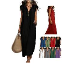 Vestido longo sem mangas com babados e decote em V, algodão e linho Vestido longo sem mangas com babados e decote em V, algodão e linho