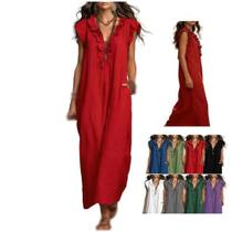 Vestido longo sem mangas com babados e decote em V, algodão e linho, vermelho, tamanho L Vestido longo sem mangas com babados e decote em V, algodão e linho, vermelho, tamanho L
