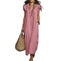 Vestido longo sem mangas com babados e decote em V rosa tamanho P Vestido longo sem mangas com babados e decote em V rosa tamanho P