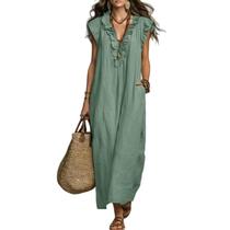 Vestido longo sem mangas com babados e decote em V, verde-ervilha, tamanho pequeno Vestido longo sem mangas com babados e decote em V, verde-ervilha, tamanho pequeno