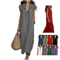Vestido longo sem mangas com babados e decote V em algodão e linho cinza P Vestido longo sem mangas com babados e decote V em algodão e linho cinza P