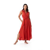 Vestido Longo Sem Mangas com Cinto e Bolsos Liso Cor:Terra CotaTamanho:G