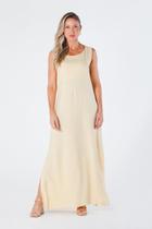 Vestido Longo sem Mangas Decote Redondo e Fendas Laterais Viscolinho Amarelo Manteiga Priscila