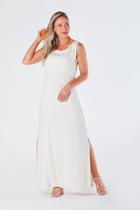 Vestido Longo sem Mangas Decote Redondo e Fendas Laterais Viscolinho Off White Priscila Vestido Longo sem Mangas Decote Redondo e Fendas Laterais Viscolinho Off White Priscila