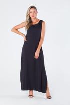 Vestido Longo sem Mangas Decote Redondo e Fendas Laterais Viscolinho Preto Priscila