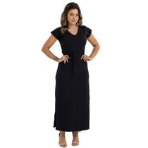 Vestido Longo Slim Canelado Manga Raglan Com Abertura Lateral Pequena 30224A