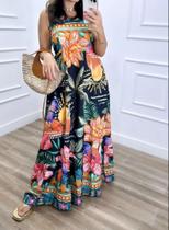 Vestido longo, tecido malha fresca, estampa floral. Vestido longo, tecido malha fresca, estampa floral.