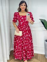 Vestido longo tricoline estampado algodao manga curto