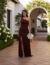 Vestido Longo Tubinho Manga Única Com Fenda Madrinha Casamento Convidada