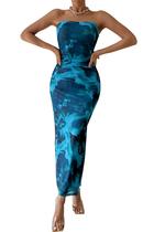 Vestido Longo Tubinho sem alça Floral Azul XXL PRETTYGARDEN Vestido Longo Tubinho sem alça Floral Azul XXL PRETTYGARDEN