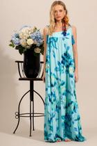 Vestido Longo Um Ombro Só De Alças Azul Claro Estampado Yacamim E8