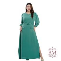 Vestido Longo, Verde, Alfaiataria, Manga Longa, Bolsos, Cinto, Fenda Lateral, Forro, Dona Charme BM1287 Vestido Longo, Verde, Alfaiataria, Manga Longa, Bolsos, Cinto, Fenda Lateral, Forro, Dona Charme BM1287