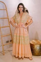 Vestido Longo Verde Boho com Bordados e Manga Bufante WGSI-03-19 Vestido Longo Verde Boho com Bordados e Manga Bufante WGSI-03-19