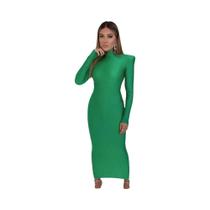 Vestido Longo Verde Com Ombros Almofadados E Manga Longa Para Mulheres, Elegante Para Festas E