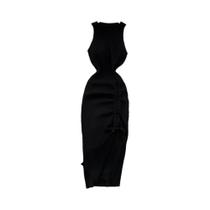 Vestido Longo Verde E Preto Sem Mangas, Justo Ao Corpo, Decote Redondo, Com Recortes E Fenda,
