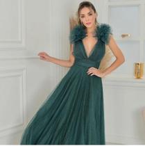 Vestido longo verde esmeralda pom pom festa feminina