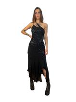 Vestido longo vintage y2k festa bordado floral preto brilhoso alças finas babados barra assimétrica chiffon em evasê p