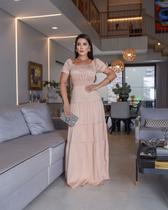 Vestido Longo, Viscojeans, Bege, Manga Curta, Detalhe Lastéx Busto, Saia 3 Marias, Rosarrara BM1114B Vestido Longo, Viscojeans, Bege, Manga Curta, Detalhe Lastéx Busto, Saia 3 Marias, Rosarrara BM1114B