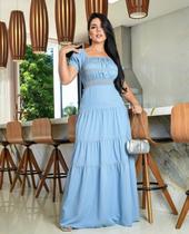 Vestido Longo, Viscojeans, Delavê, Manga Curta, Detalhe Lastéx Busto, Saia 3 Marias, Cinto, Rosarrara BM1114 Vestido Longo, Viscojeans, Delavê, Manga Curta, Detalhe Lastéx Busto, Saia 3 Marias, Cinto, Rosarrara BM1114