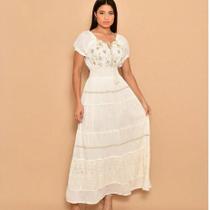 Vestido longo viscolinho bordado manga curta ciganinha 3092