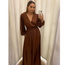 Vestido Longo Viscolinho Manga Longa Decote V e Cintura Marcada Morena-Marrom