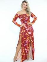 Vestido Longo Viscolycra Estampado Fendas London Vermelho